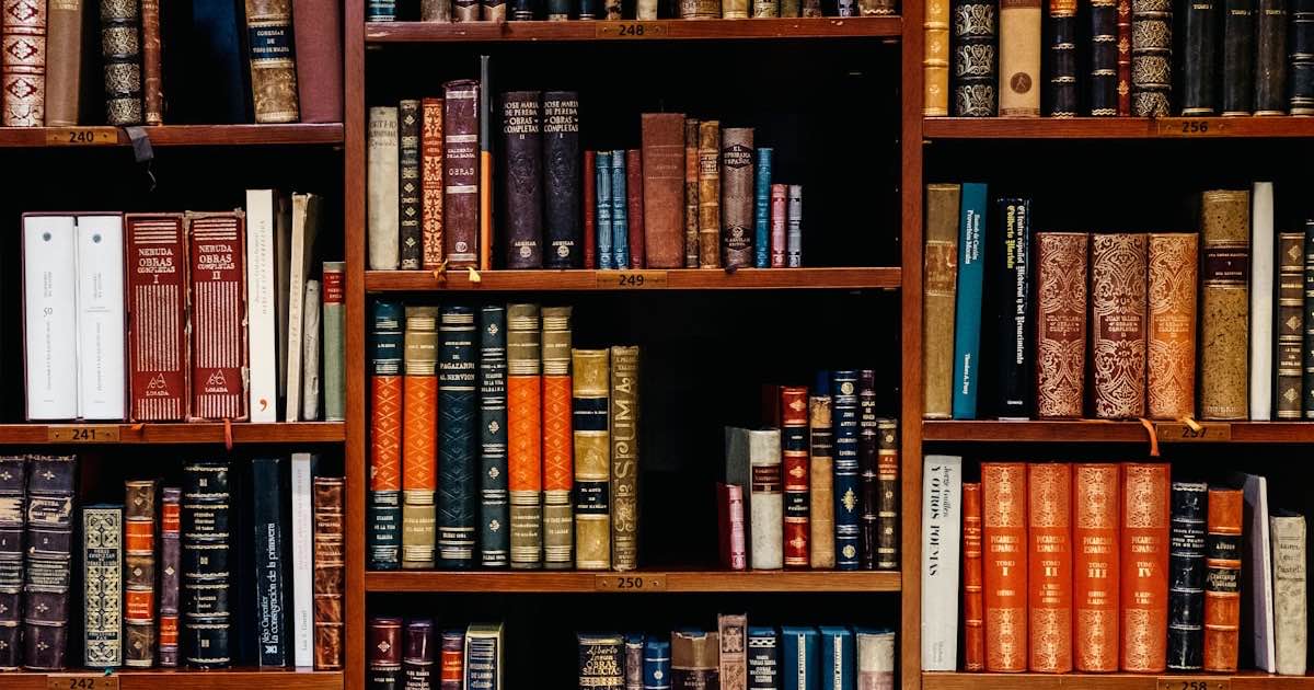Shelves of bound legal volumes in a law library